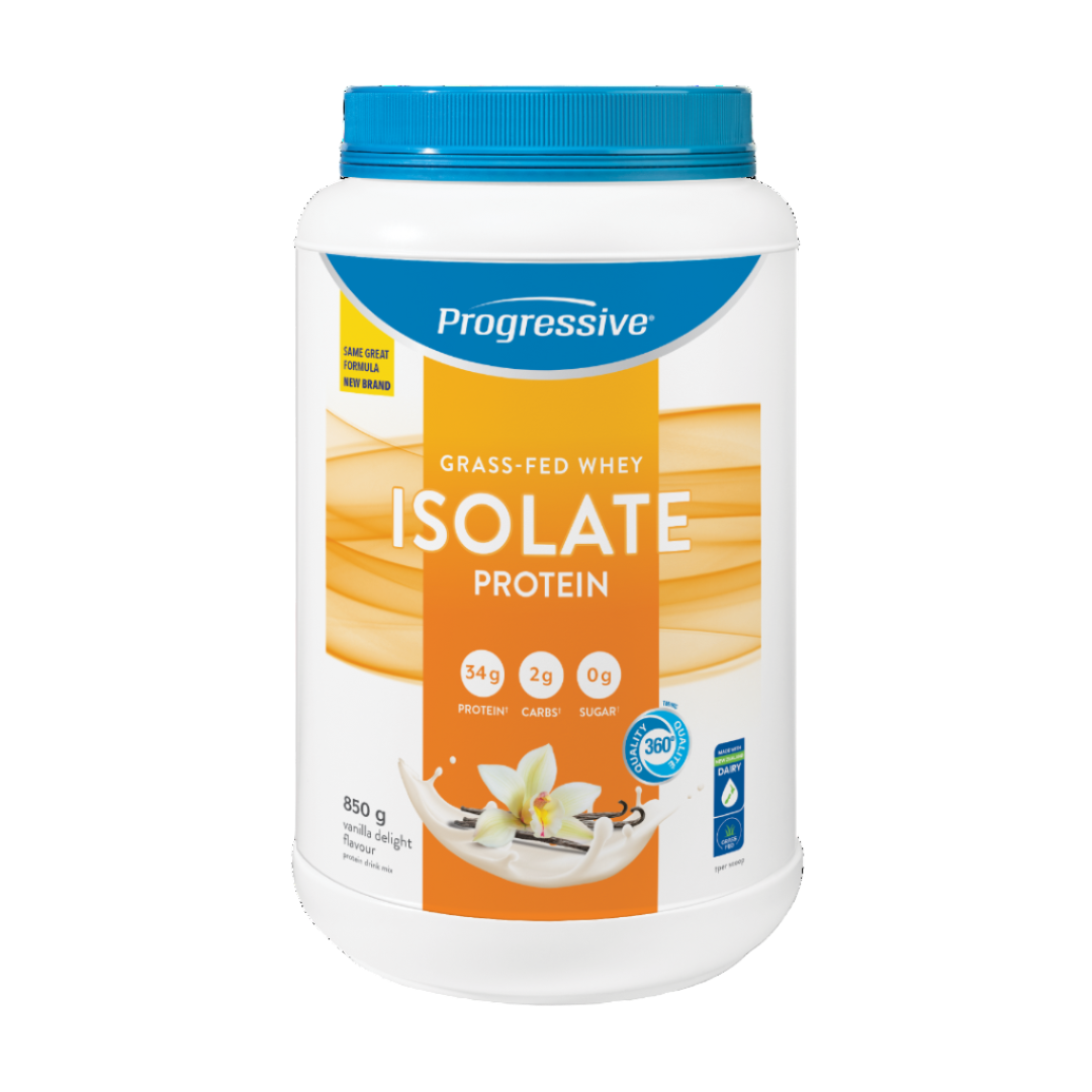 Progressive grass-fed whey isolate protein container on a white background