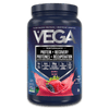 A container of Vega Sport Protein+Recovery in Berry Flavour, featuring a mix of plant-based protein, BCAAs, tart cherry, and probiotics, with a 'Performance' label on the top.