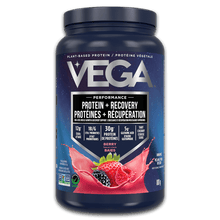 A container of Vega Sport Protein+Recovery in Berry Flavour, featuring a mix of plant-based protein, BCAAs, tart cherry, and probiotics, with a 'Performance' label on the top.