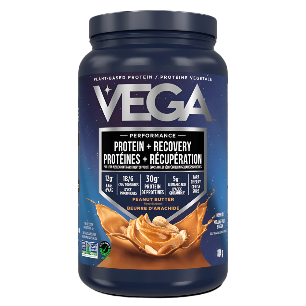 Vega protein powder container with peanut butter flavor on a black background