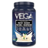 Vega protein powder container with blue and white design on a black background