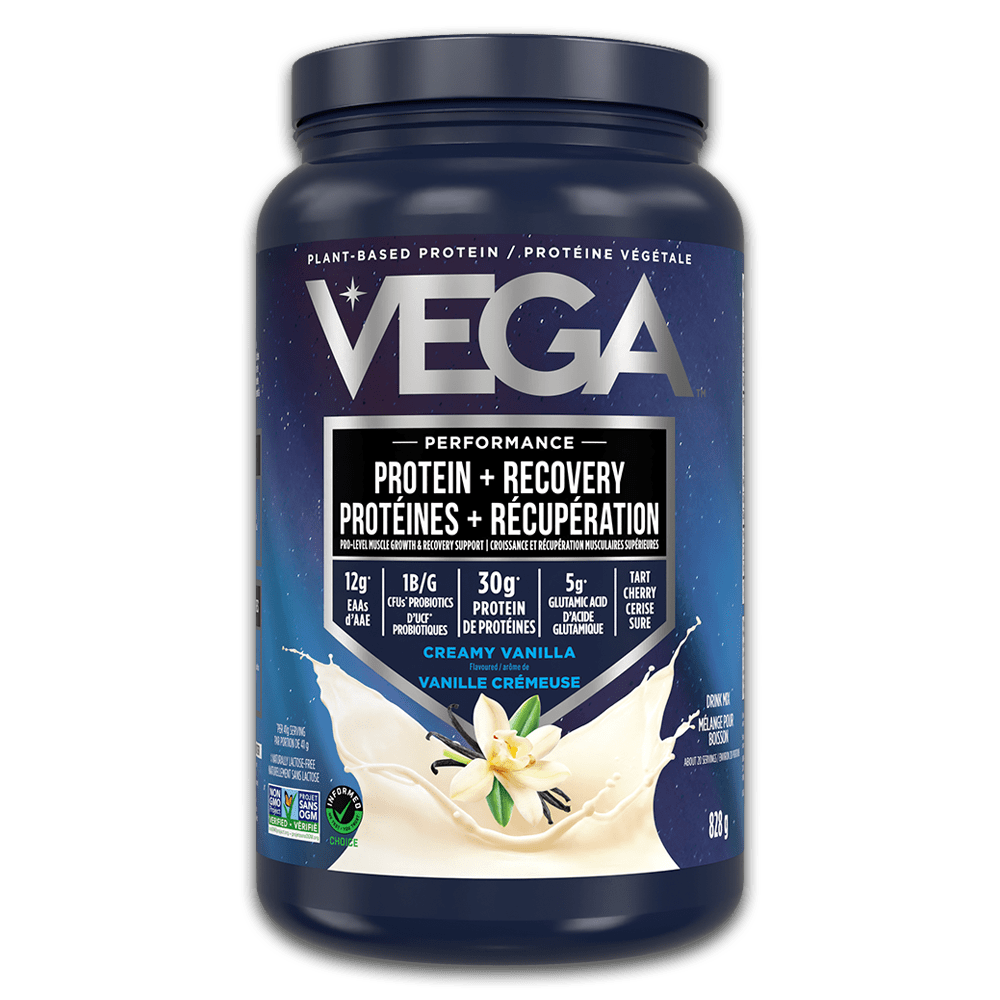 Vega protein powder container with blue and white design on a black background