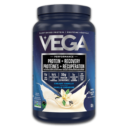 Vega protein powder container with blue and white design on a black background