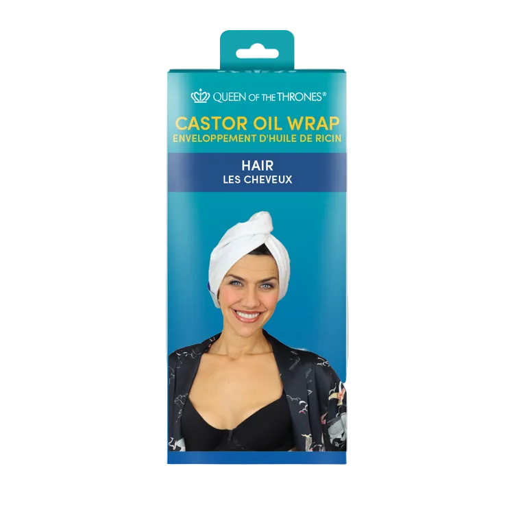 Packaging of a 'Queen of the Thrones' castor oil wrap with a woman wearing a white towel on her head.