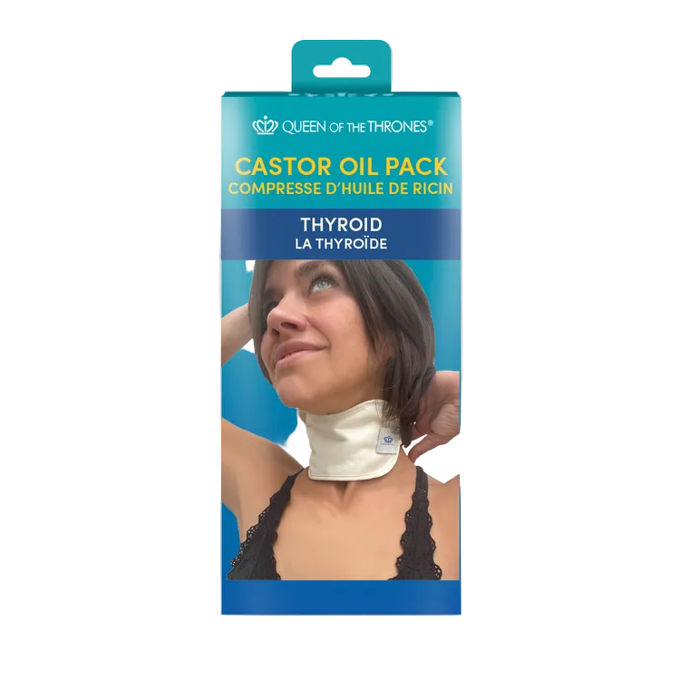 Packaging of a castor oil pack for thyroid treatment with a woman wearing a neck brace on a gray background.