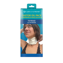 Packaging of a castor oil pack for thyroid treatment with a woman wearing a neck brace on a gray background.