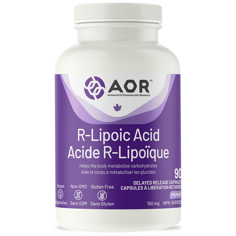Bottle of R-Lipoic Acid supplement with AOR branding on a white background