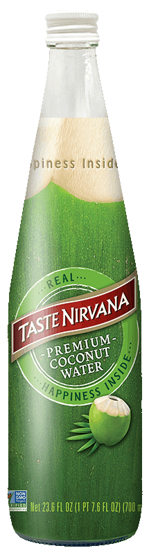 Bottle of Taste Nirvana Premium Coconut Water on a white background