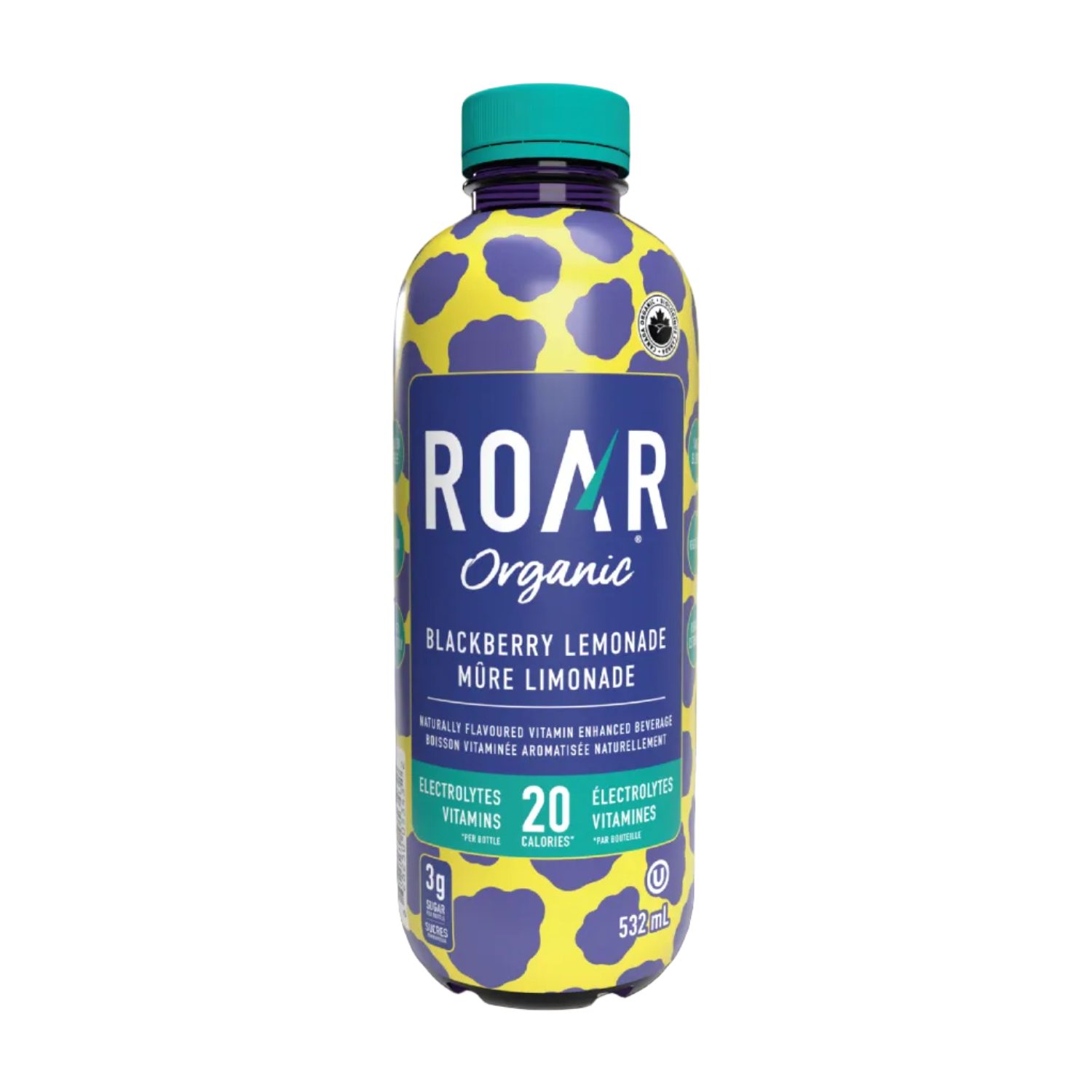 Roar Organic blackberry lemonade bottle with a blue and yellow design on a multicolored background
