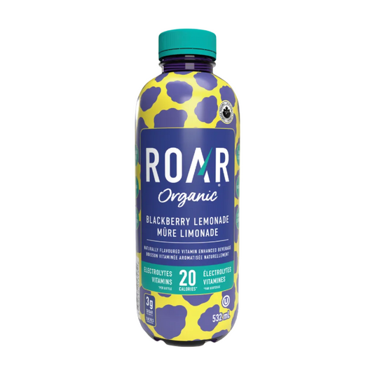 Roar Organic blackberry lemonade bottle with a blue and yellow design on a multicolored background