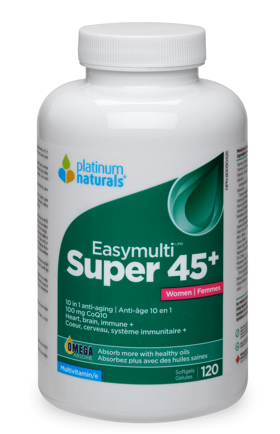 Supplement bottle labeled 'Platinum Naturals Easymulti Super 45+' on a white background