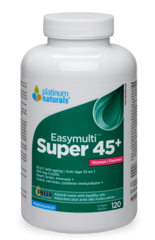 Supplement bottle labeled 'Platinum Naturals Easymulti Super 45+' on a white background
