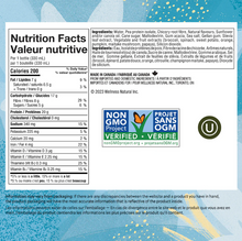 Nutrition facts label with a blue background and 'Non-GMO Project' verification logo.