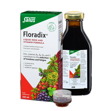 Salus Floradix liquid iron and vitamin formula packaging and bottle on a white background
