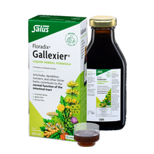 Salus Floradix Gallexier liquid herbal formula packaging and bottle on a white background