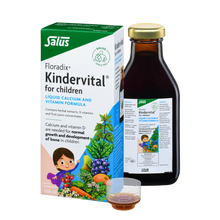 Salus Kindervital for children liquid calcium and vitamin formula packaging and bottle on a white background