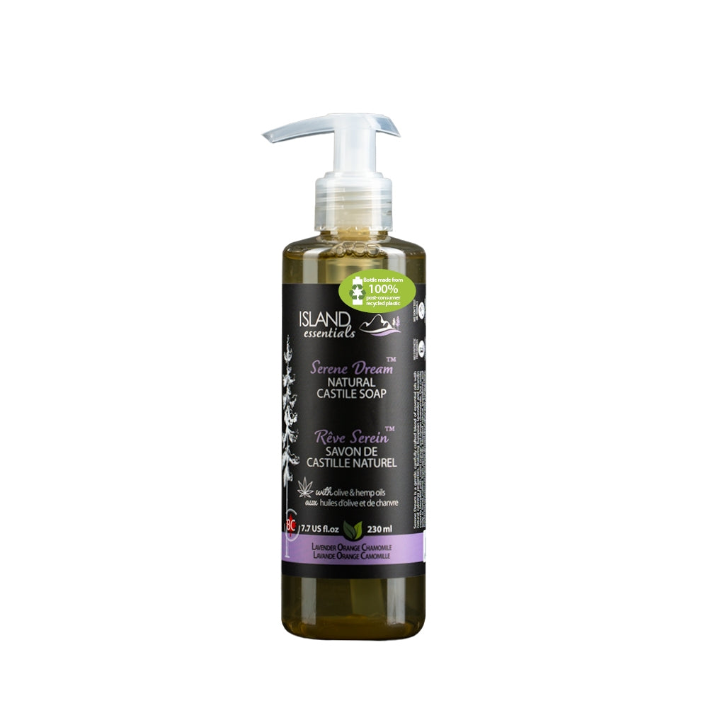 Bottle of Island Essentials natural castile soap with pump on a white background