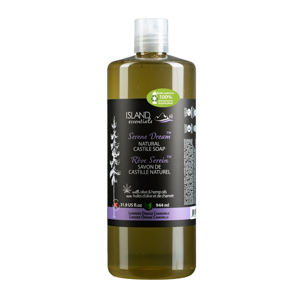 Bottle of Island Essentials natural olive soap on a white background