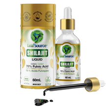 Leaf Source Shilajit liquid bottle and packaging on a white background