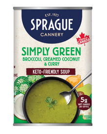 Can of Sprague Simply Green soup with a spoon in the bowl on a white background