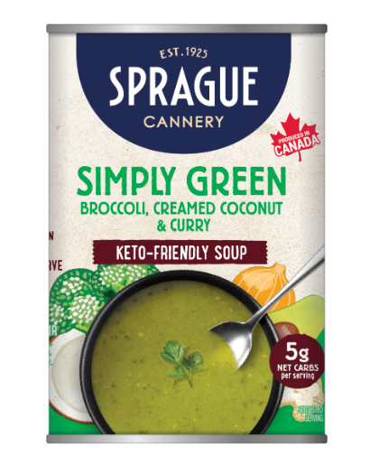 Can of Sprague Simply Green soup with a spoon in the bowl on a white background