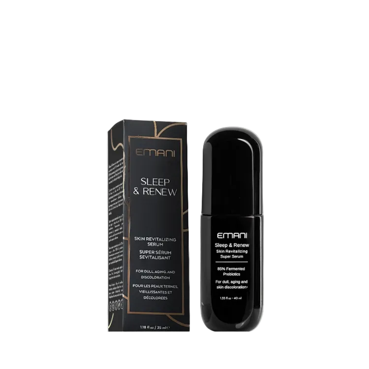 Emani Sleep & Renew skincare serum and packaging on a white background
