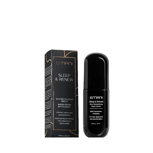 Emani Sleep & Renew skincare serum and packaging on a white background
