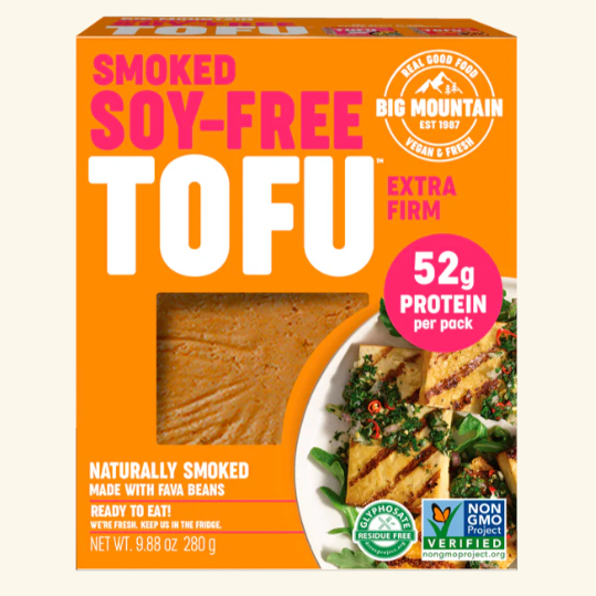 Box of Big Mountain Smoked Soy-Free Tofu with protein and brand information on an orange background