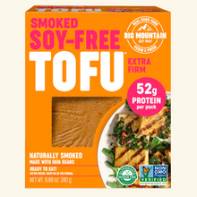 Box of Big Mountain Smoked Soy-Free Tofu with protein and brand information on an orange background