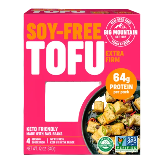 Box of soy-free tofu with protein content and branding on a pink background