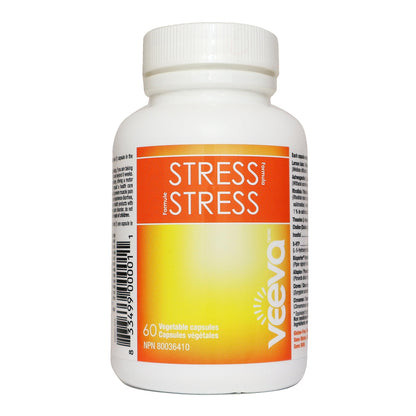 Bottle of Veeva Stress capsules on a white background