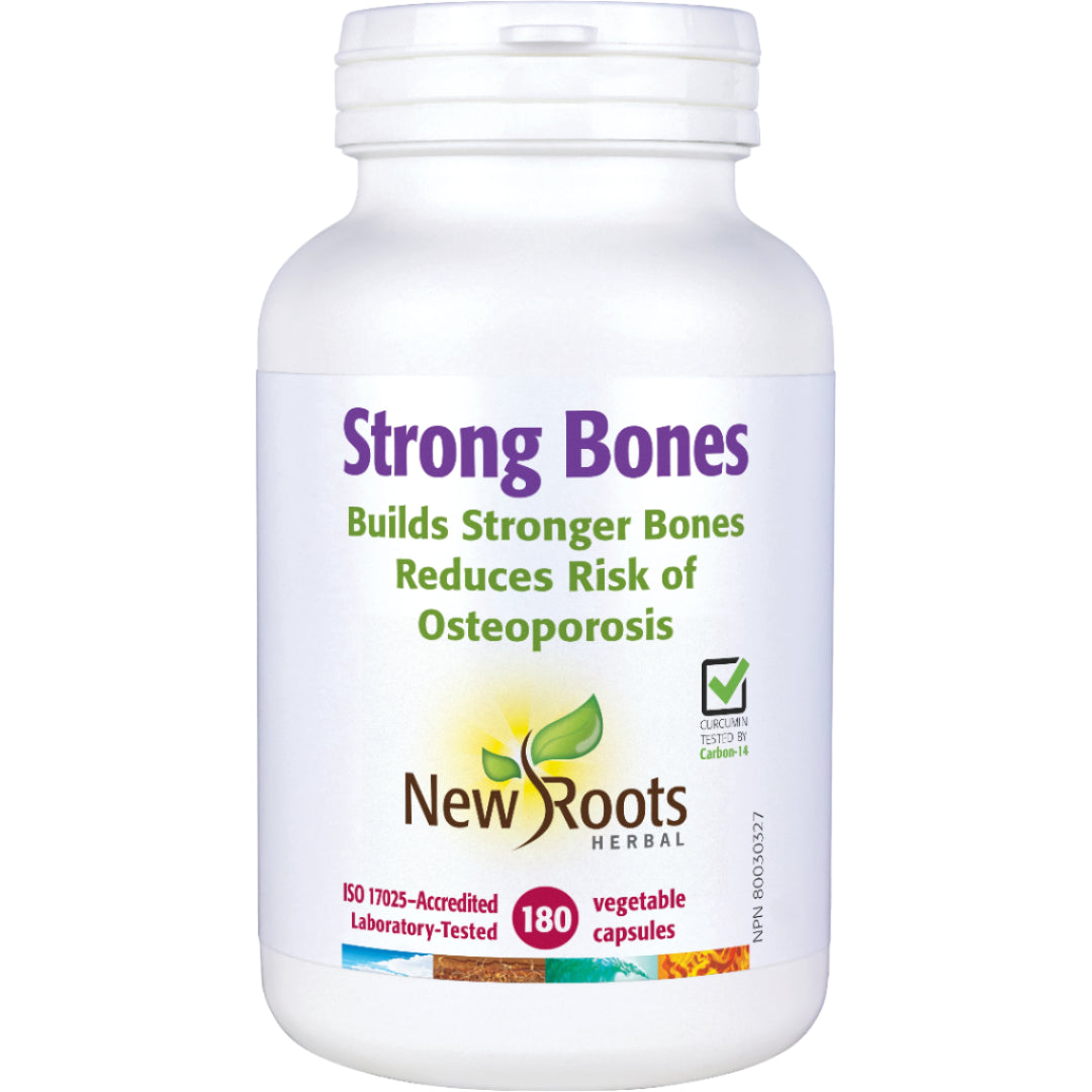 Bottle of New Roots Strong Bones supplement on a white background