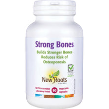 White supplement bottle labeled 'Strong Bones' by New Roots Herbal on a white background