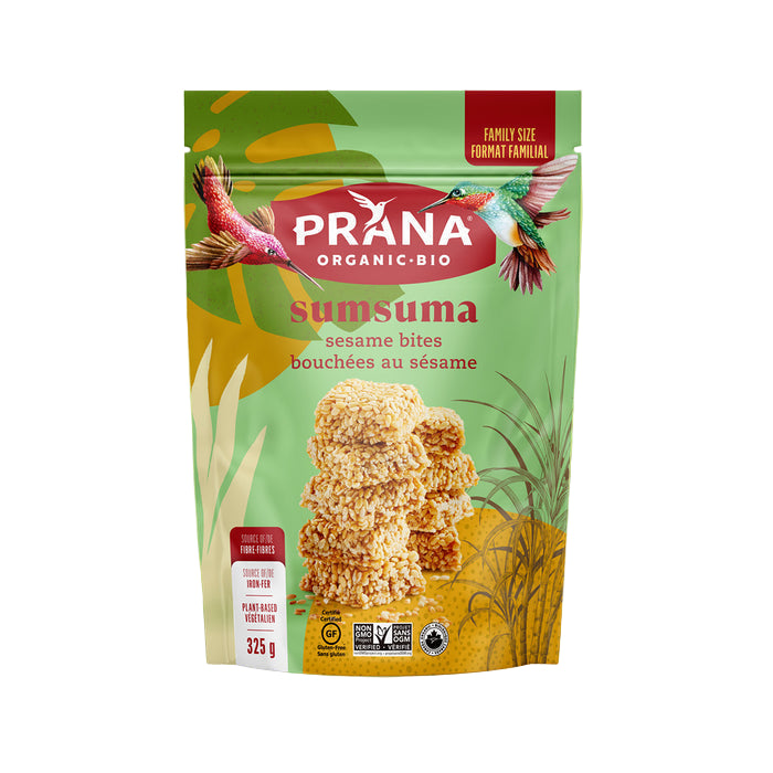 Prana Organic Bio sumsuma sesame bites packaging on a green background