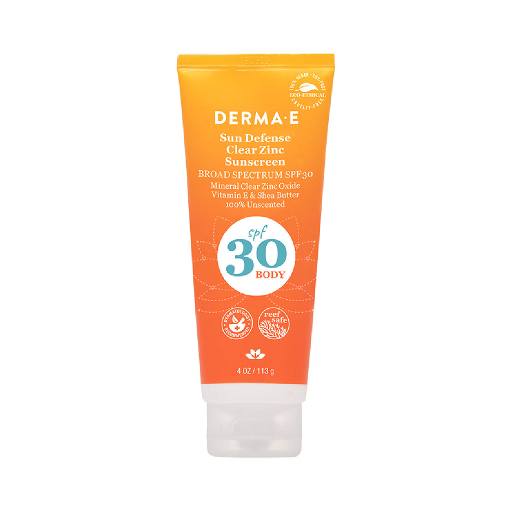 Tube of Derma E Sun Defense Clear Zinc Sunscreen SPF 30 on a white background