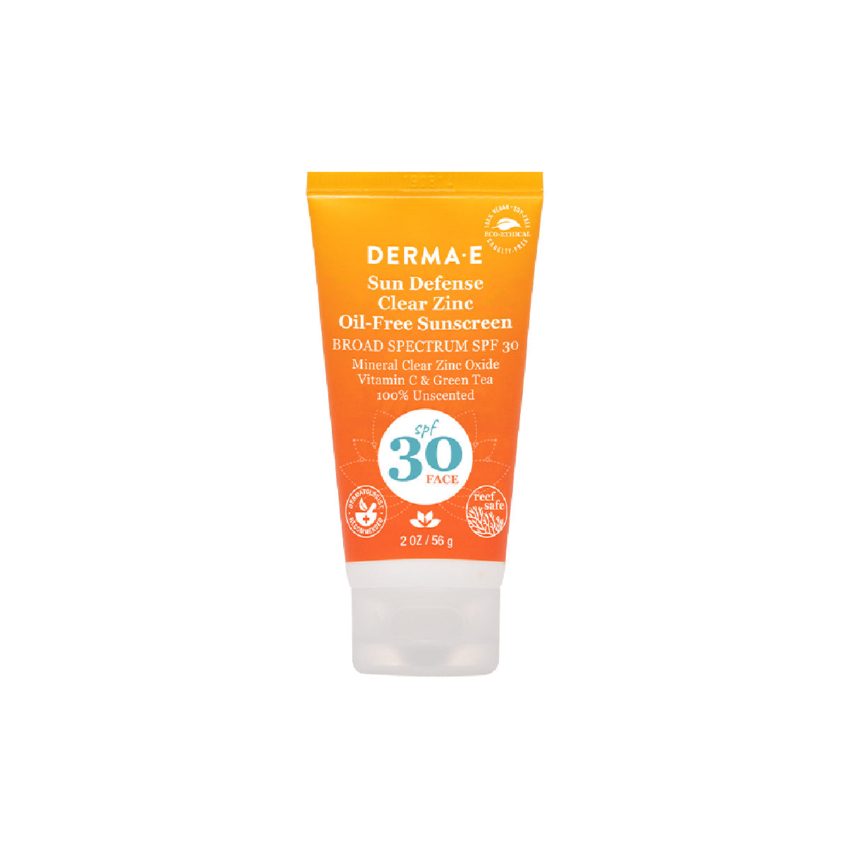 Tube of Derma E Sun Defense Clear Zinc Oil-Free Sunscreen on a white background