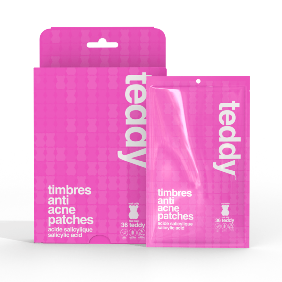 Pink packaging of teddy acne patches on a white background