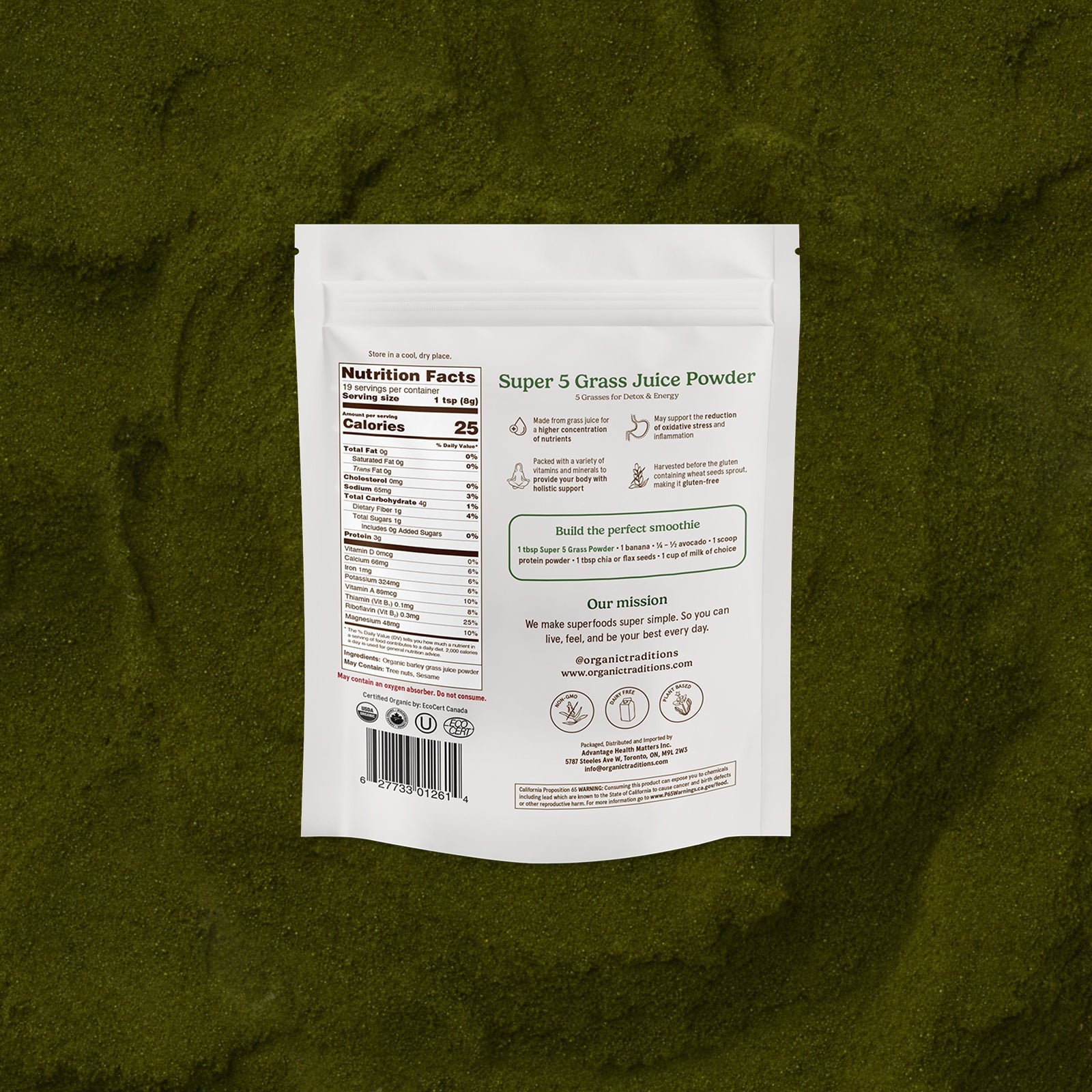 Super 5 Grass Juice Powder package on a green textured background