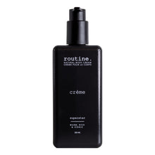 Black bottle of 'routine. crème' body cream on a white background