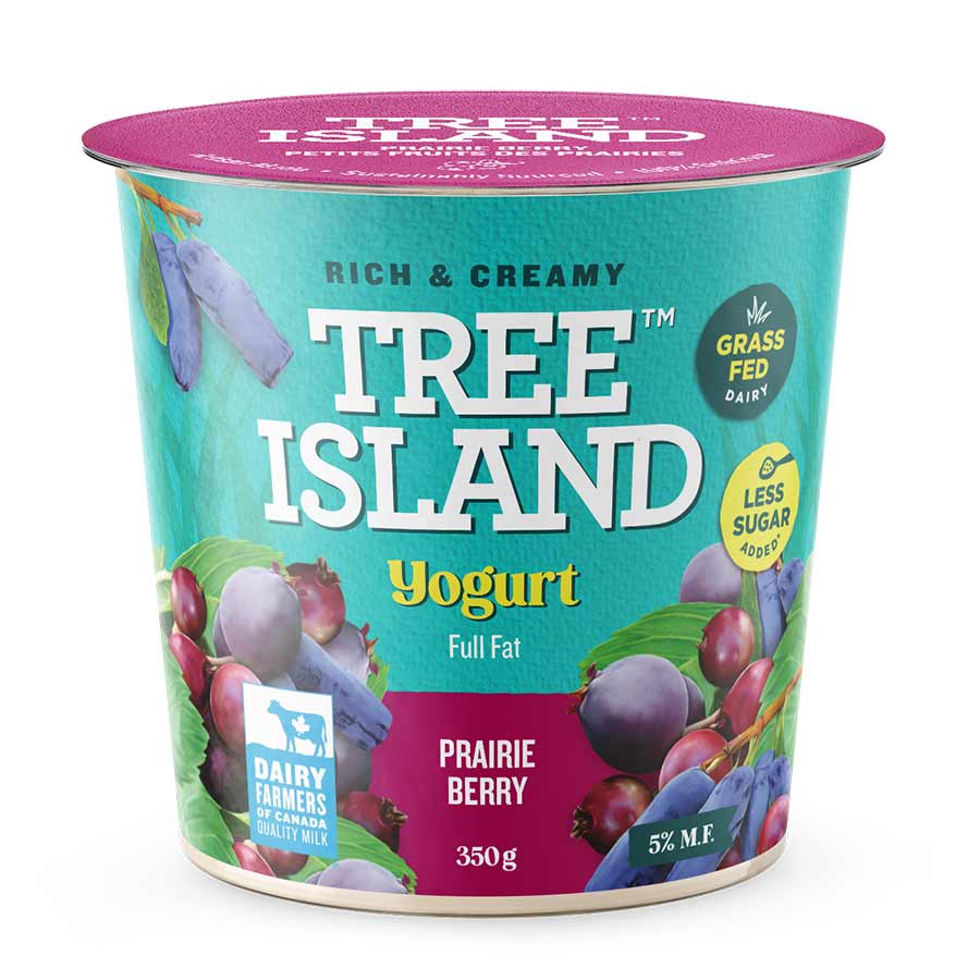 Tree Island Prairie Berry yogurt container on a white background
