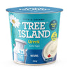 Tree Island Greek yogurt container with blue lid and white label on a white background