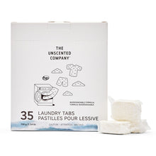 Box of The Unscented Company laundry tabs with two tabs in front on a white background