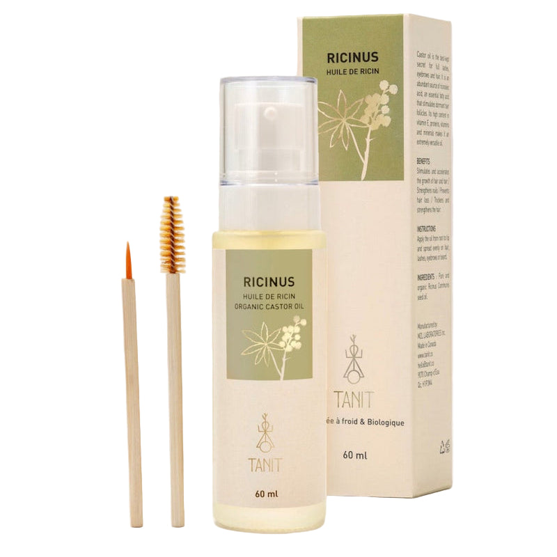 Ricinus oil bottle, applicator, and packaging on a light gray background