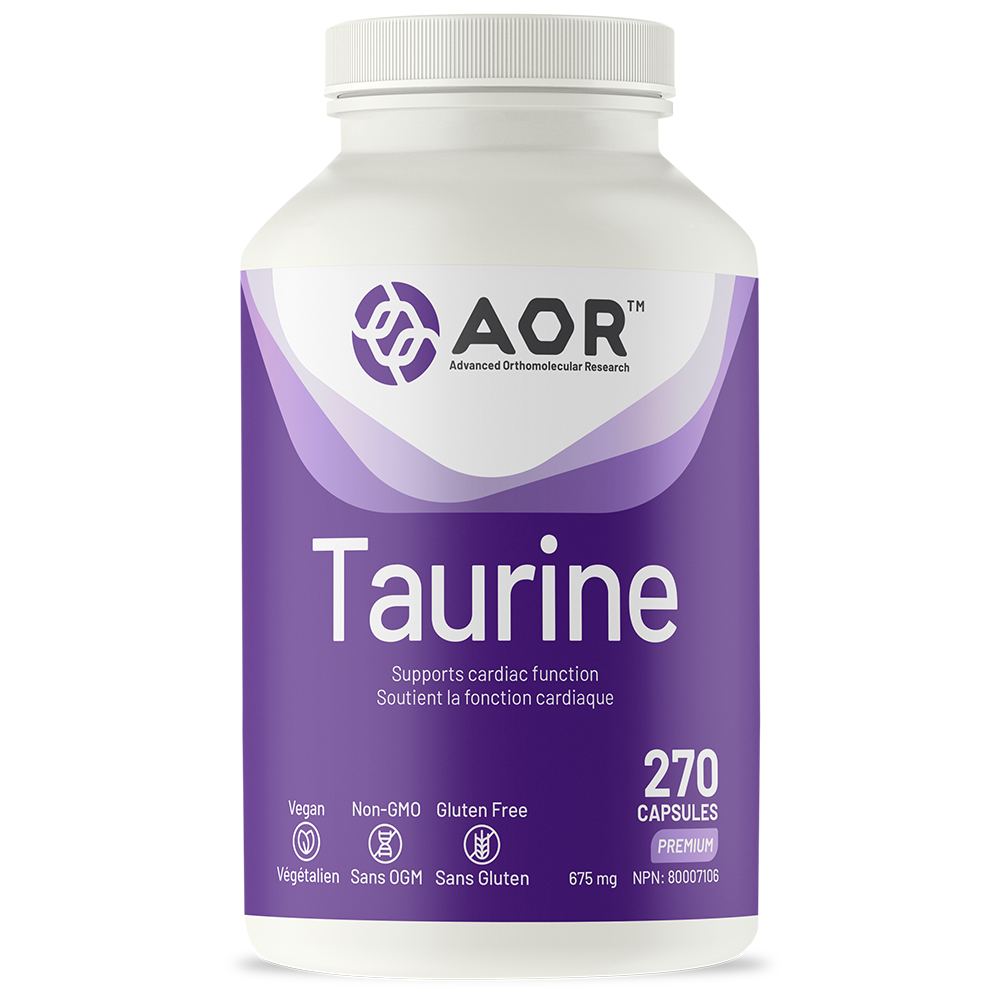 AOR Taurine supplement bottle with purple label on a white background