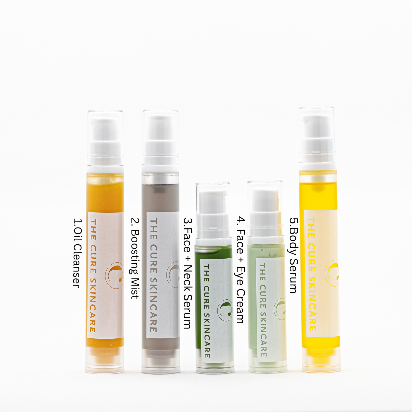 Set of five skincare products from 'The Cure Skincare' on a white background