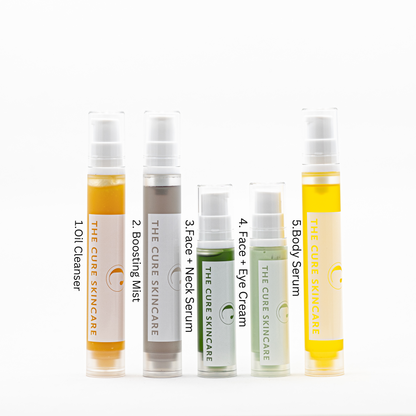 Set of five skincare products from 'The Cure Skincare' on a white background