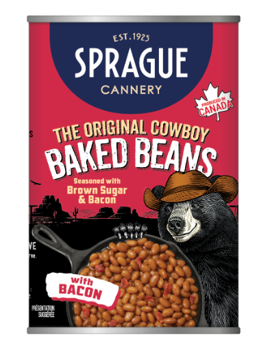 Can of Sprague Cannery cowboy baked beans with bear illustration on red background