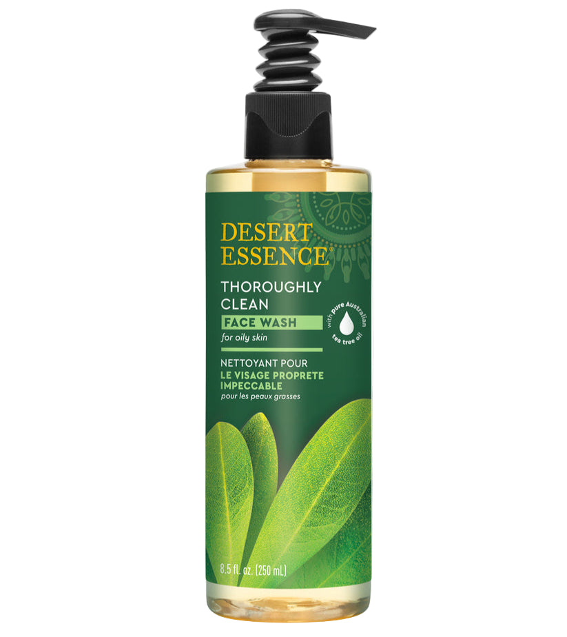 Desert Essence face wash bottle on a white background