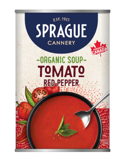 Can of Sprague Organic Tomato Red Pepper Soup with branding and product details.