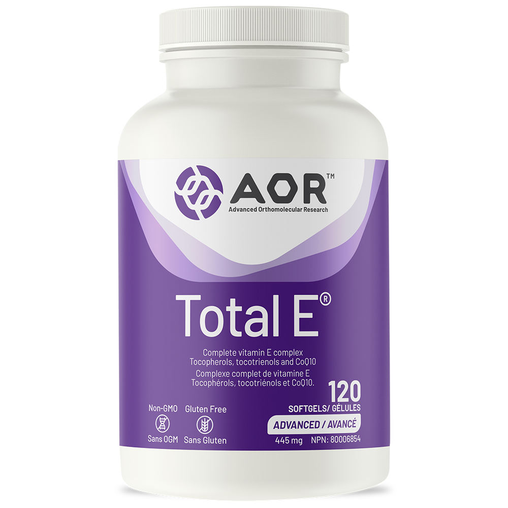 Supplement bottle labeled 'AOR Total E' on a white background